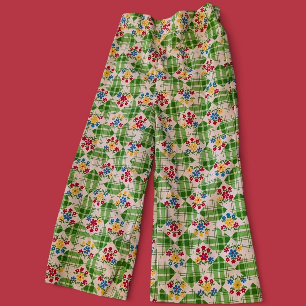 70s Vintage Girls Floral Plaid Print Groovy Flare Pants Multi Color